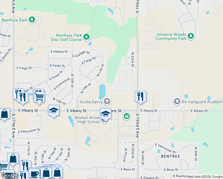 map of restaurants, bars, coffee shops, grocery stores, and more near 2100 East Concord Street in Broken Arrow