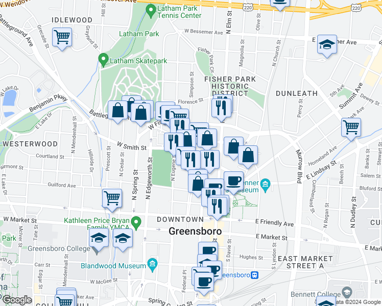map of restaurants, bars, coffee shops, grocery stores, and more near 137 Paisley Street in Greensboro
