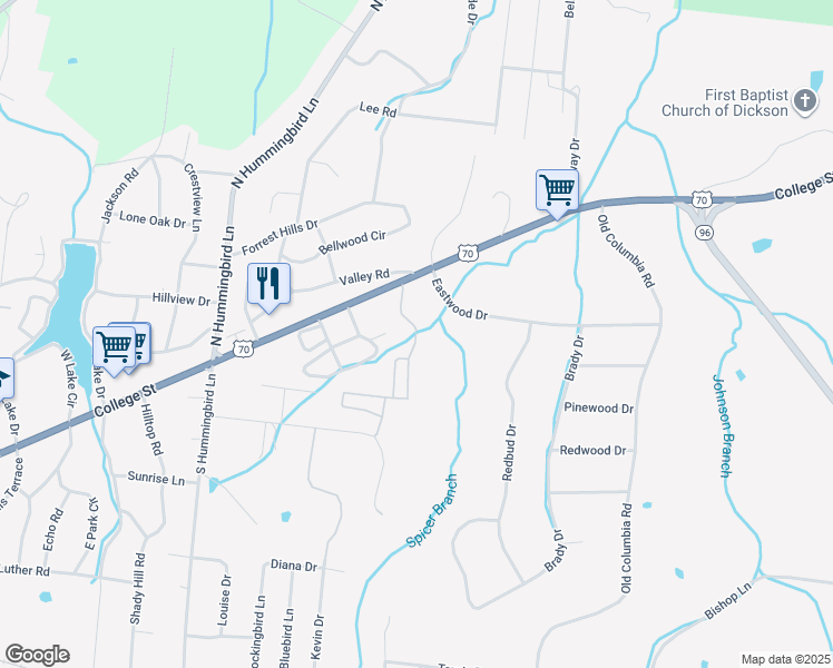 map of restaurants, bars, coffee shops, grocery stores, and more near 205 East Forest Park Drive in Dickson