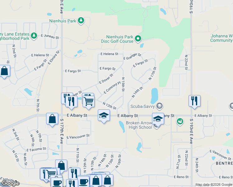 map of restaurants, bars, coffee shops, grocery stores, and more near 1413 East Concord Street in Broken Arrow