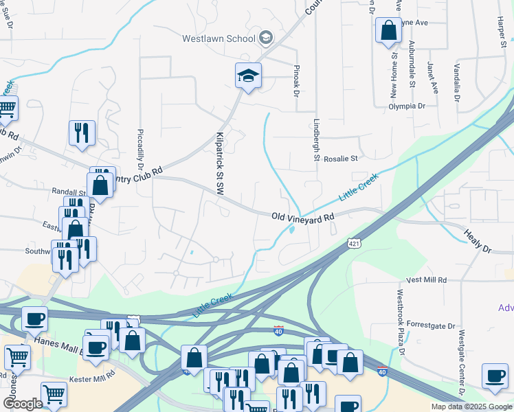 map of restaurants, bars, coffee shops, grocery stores, and more near 3929 Old Vineyard Road in Winston-Salem