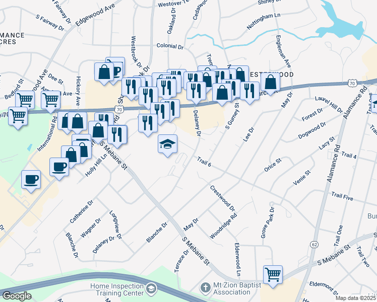 map of restaurants, bars, coffee shops, grocery stores, and more near 2221 Delaney Drive in Burlington