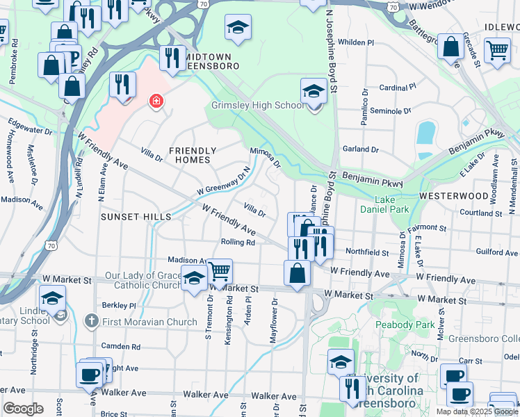 map of restaurants, bars, coffee shops, grocery stores, and more near 1826 Villa Drive in Greensboro