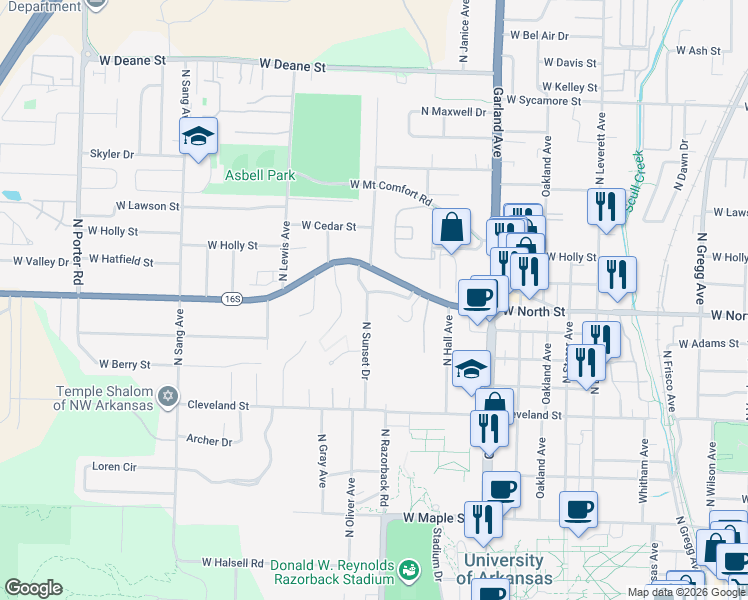 map of restaurants, bars, coffee shops, grocery stores, and more near 1104 N Sunset Dr in Fayetteville