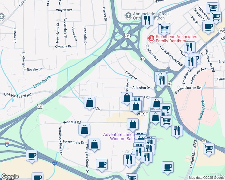 map of restaurants, bars, coffee shops, grocery stores, and more near 3324 Arlington Drive in Winston-Salem