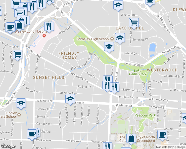 map of restaurants, bars, coffee shops, grocery stores, and more near 1826 Villa Drive in Greensboro