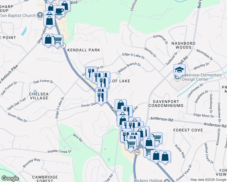 map of restaurants, bars, coffee shops, grocery stores, and more near 2656 Lakevilla Drive in Nashville