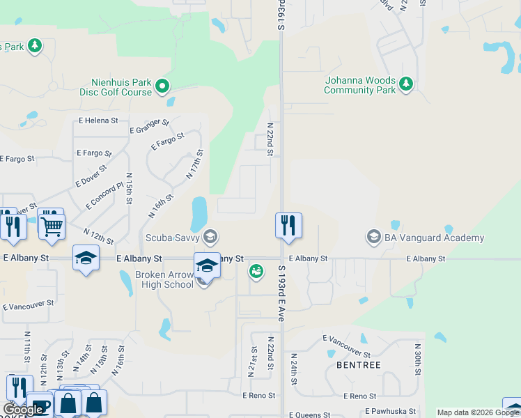 map of restaurants, bars, coffee shops, grocery stores, and more near 2609 N 21st St in Broken Arrow