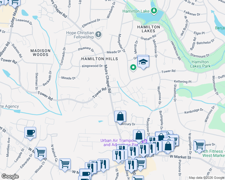 map of restaurants, bars, coffee shops, grocery stores, and more near 4729 Tower Road in Greensboro