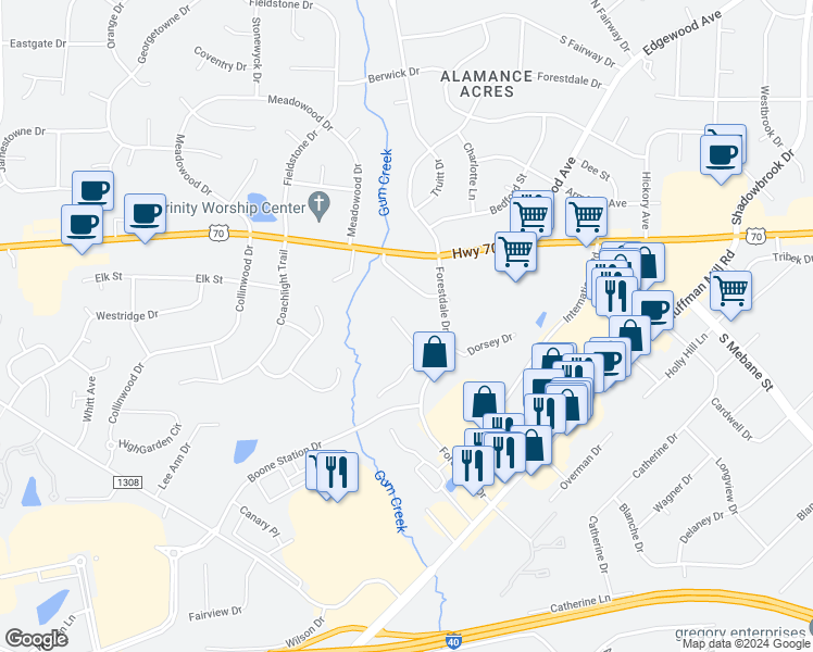 map of restaurants, bars, coffee shops, grocery stores, and more near 3479 Forestdale Drive in Burlington