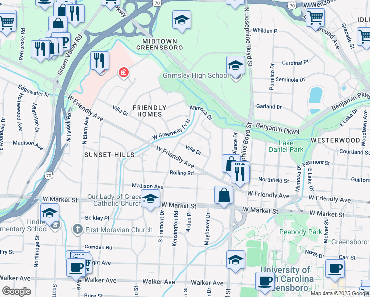 map of restaurants, bars, coffee shops, grocery stores, and more near 1835 Villa Drive in Greensboro