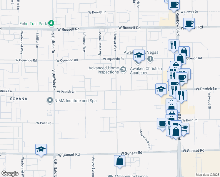 map of restaurants, bars, coffee shops, grocery stores, and more near 6083 Dunham Hills Way in Las Vegas