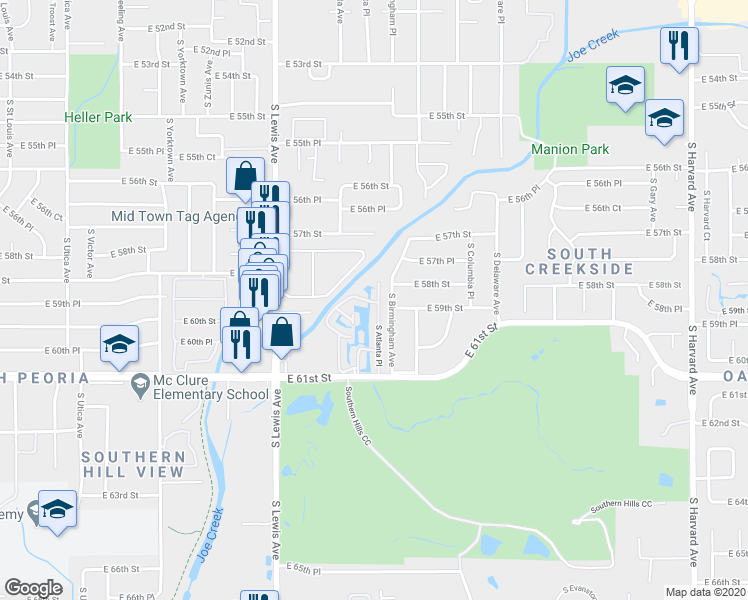 map of restaurants, bars, coffee shops, grocery stores, and more near 5812 South Atlanta Place in Tulsa