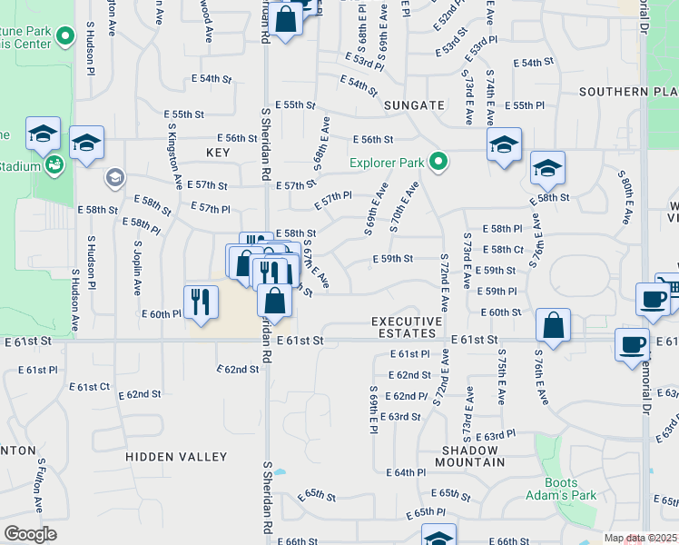map of restaurants, bars, coffee shops, grocery stores, and more near 5902 South 68th East Avenue in Tulsa