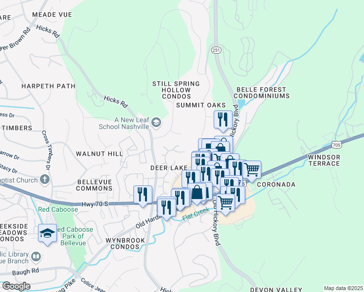 map of restaurants, bars, coffee shops, grocery stores, and more near 398 Deer Lake Drive in Nashville