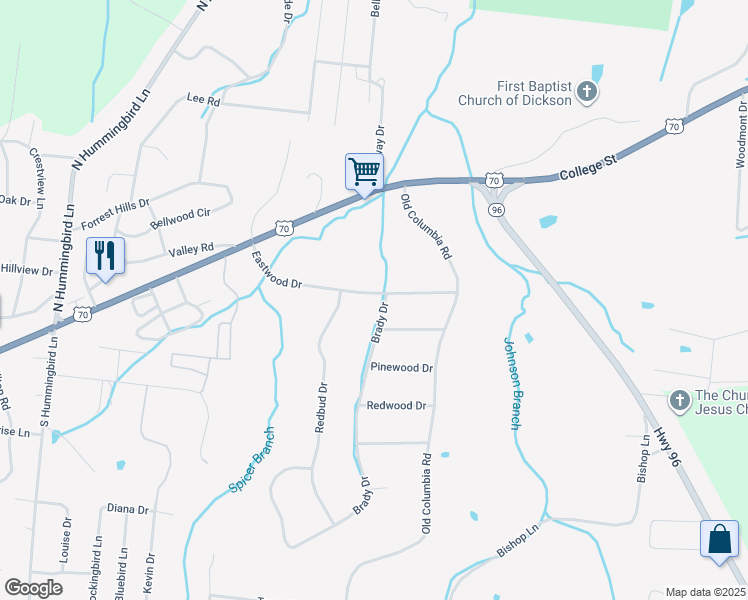 map of restaurants, bars, coffee shops, grocery stores, and more near 107 Eastwood Drive in Dickson