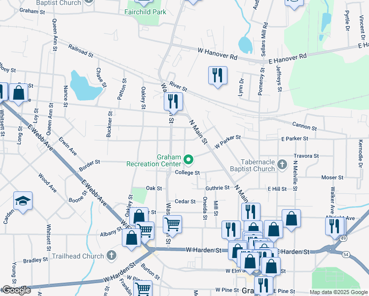 map of restaurants, bars, coffee shops, grocery stores, and more near Sideview Street in Graham