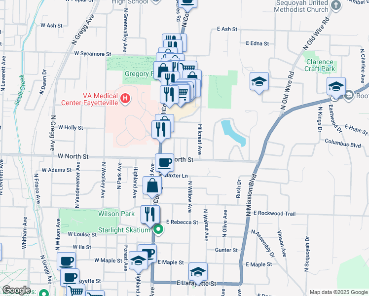 map of restaurants, bars, coffee shops, grocery stores, and more near 1135 Waneetah Avenue in Fayetteville
