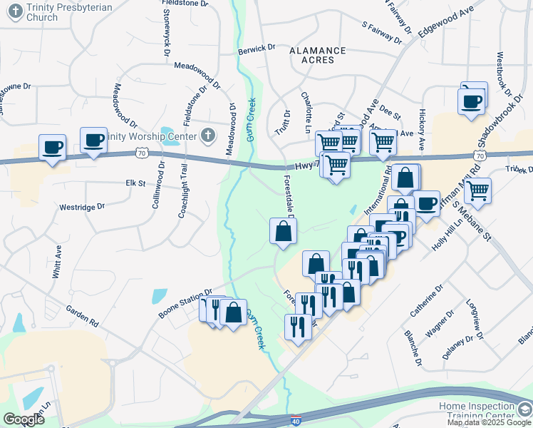 map of restaurants, bars, coffee shops, grocery stores, and more near 3479 Forestdale Drive in Burlington