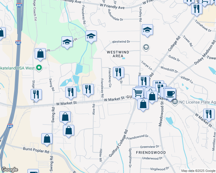 map of restaurants, bars, coffee shops, grocery stores, and more near 29 Friendway Circle in Greensboro