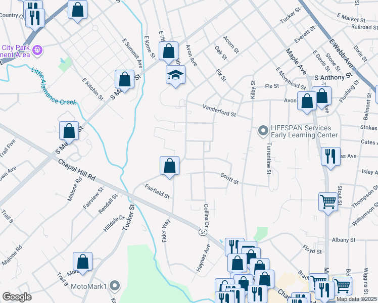 map of restaurants, bars, coffee shops, grocery stores, and more near 1208 Tucker Street in Burlington
