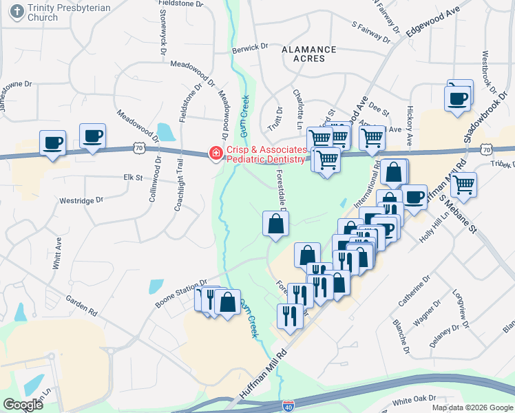 map of restaurants, bars, coffee shops, grocery stores, and more near 3479 Forestdale Drive in Burlington