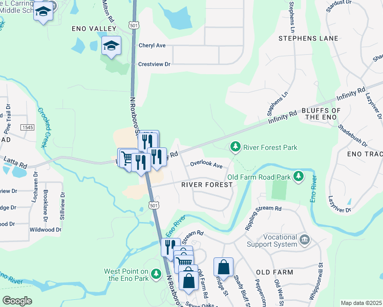 map of restaurants, bars, coffee shops, grocery stores, and more near 208 Infinity Road in Durham