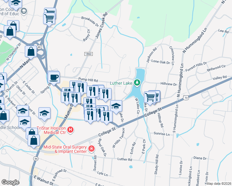 map of restaurants, bars, coffee shops, grocery stores, and more near 132 Lake Villa Boulevard in Dickson