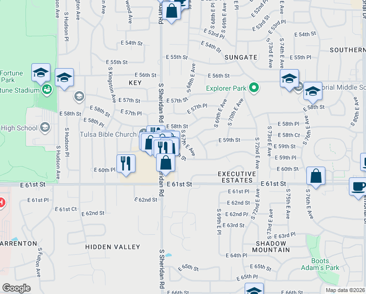 map of restaurants, bars, coffee shops, grocery stores, and more near 5840 South 67th East Avenue in Tulsa