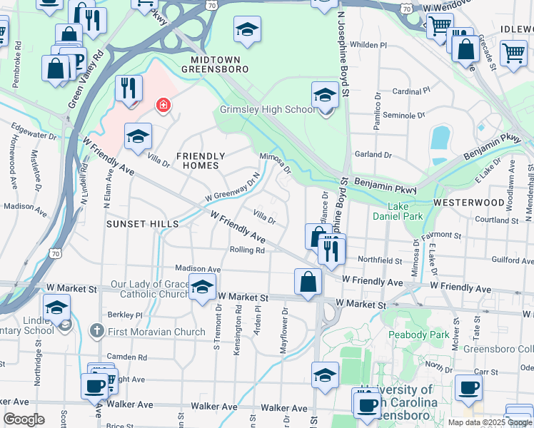map of restaurants, bars, coffee shops, grocery stores, and more near 1830 Villa Drive in Greensboro