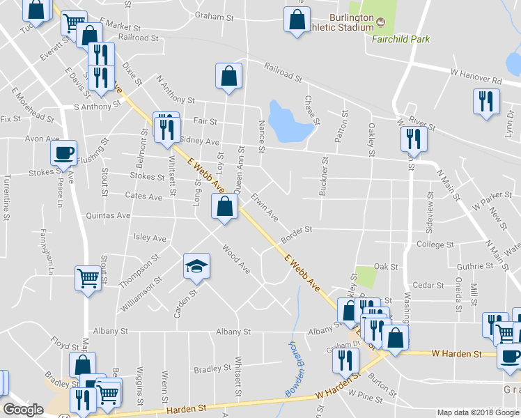 map of restaurants, bars, coffee shops, grocery stores, and more near 1711 Erwin Avenue in Burlington