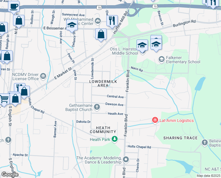 map of restaurants, bars, coffee shops, grocery stores, and more near 3812 Nash Street in Greensboro