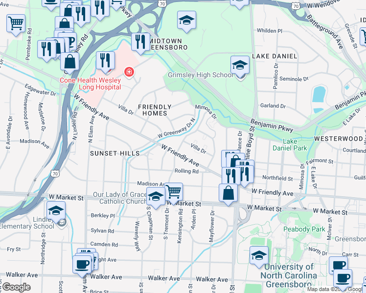 map of restaurants, bars, coffee shops, grocery stores, and more near 406 North Tremont Drive in Greensboro