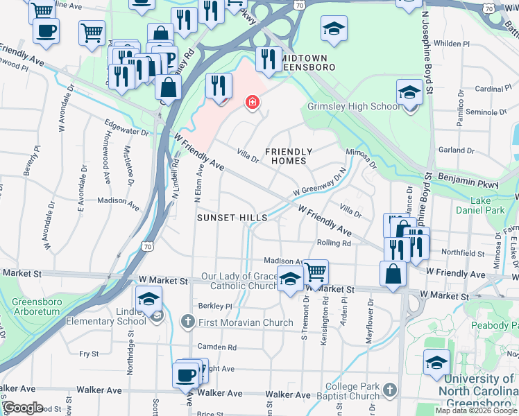 map of restaurants, bars, coffee shops, grocery stores, and more near 401 West Greenway Drive North in Greensboro