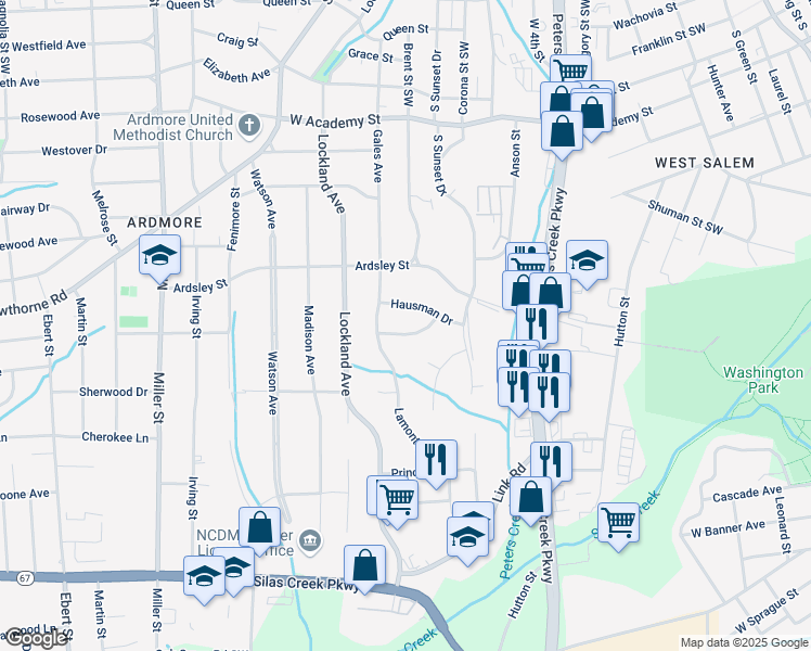 map of restaurants, bars, coffee shops, grocery stores, and more near 1721 Aberdeen Terrace in Winston-Salem