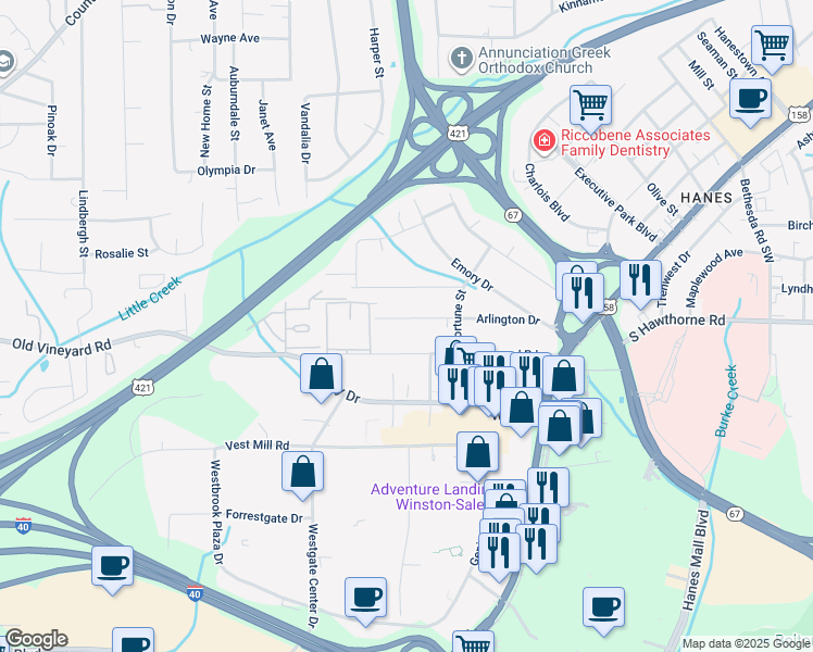 map of restaurants, bars, coffee shops, grocery stores, and more near 3324 Arlington Drive in Winston-Salem