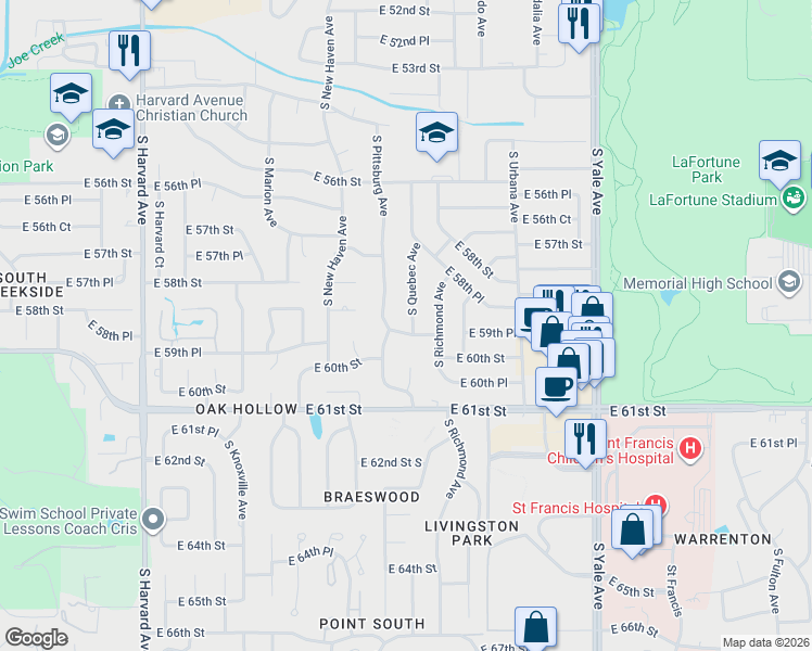map of restaurants, bars, coffee shops, grocery stores, and more near 5880 South Quebec Avenue in Tulsa