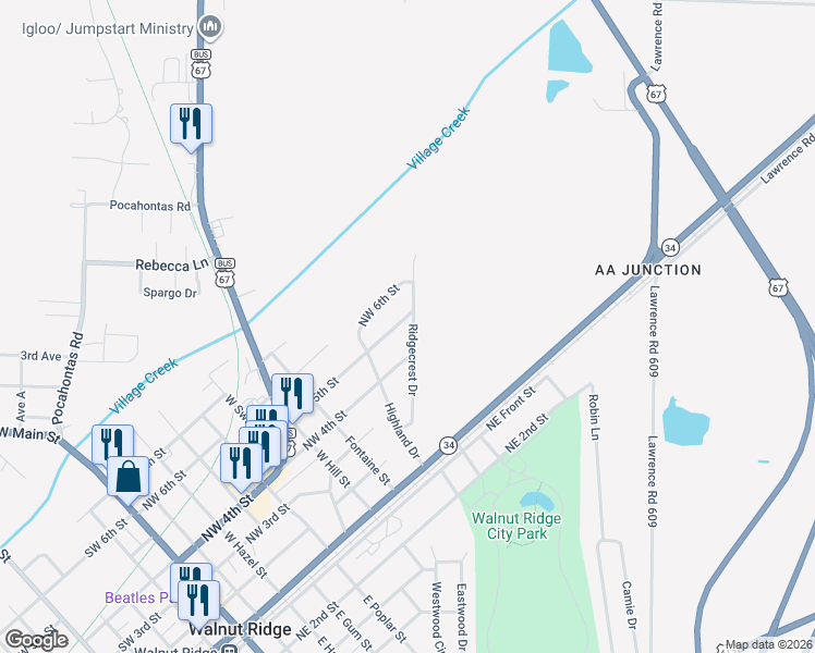 map of restaurants, bars, coffee shops, grocery stores, and more near 918 Northwest 5th Street in Walnut Ridge