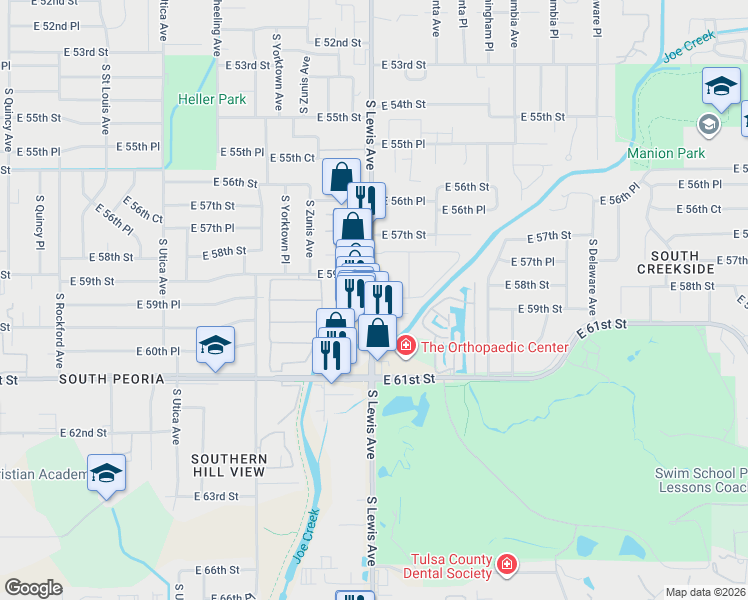 map of restaurants, bars, coffee shops, grocery stores, and more near 5933 South Lewis Avenue in Tulsa