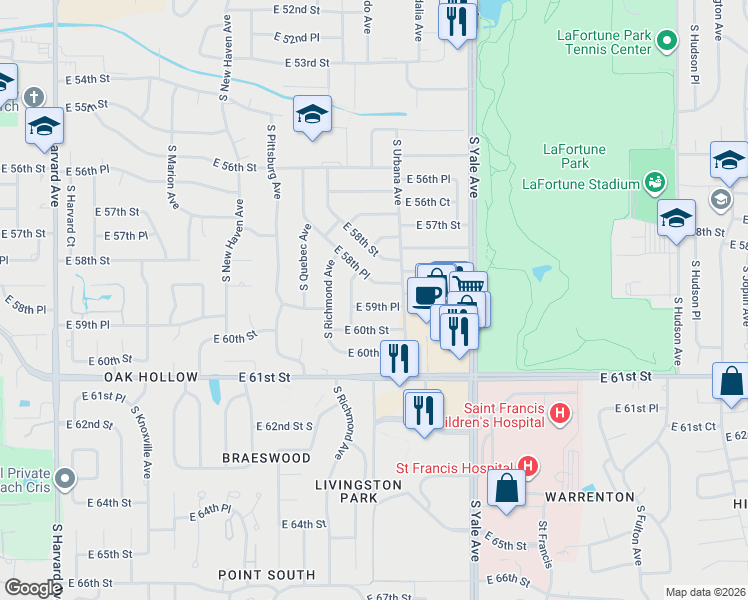 map of restaurants, bars, coffee shops, grocery stores, and more near 4423 E 59th Pl in Tulsa