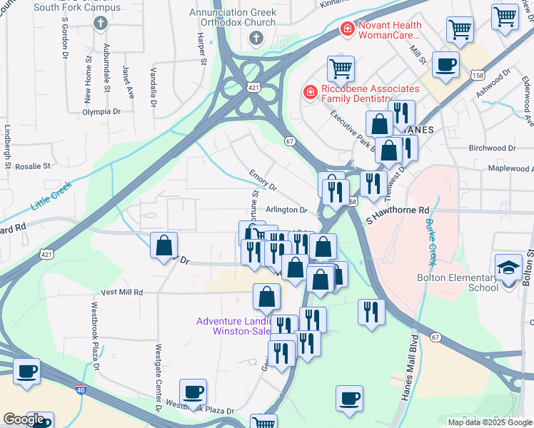 map of restaurants, bars, coffee shops, grocery stores, and more near 3246 Arlington Drive in Winston-Salem