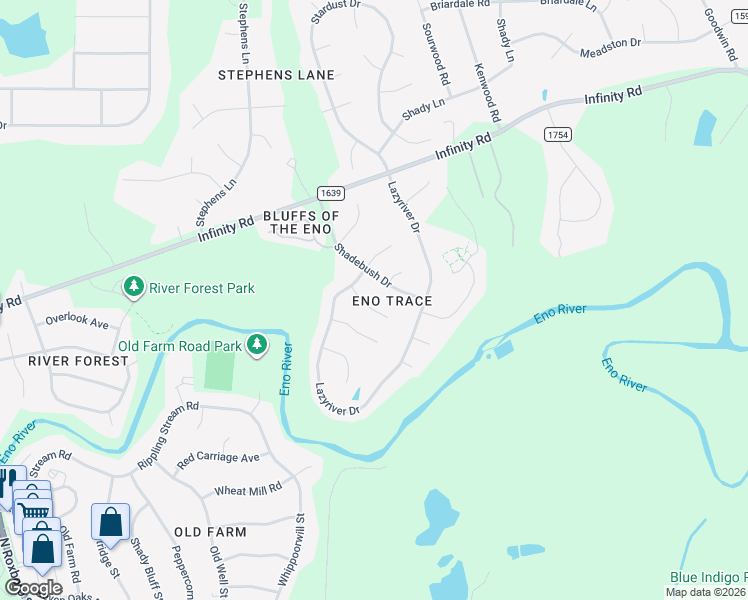 map of restaurants, bars, coffee shops, grocery stores, and more near 11 Warbler Lane in Durham