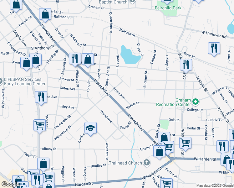 map of restaurants, bars, coffee shops, grocery stores, and more near 1711 Erwin Avenue in Burlington