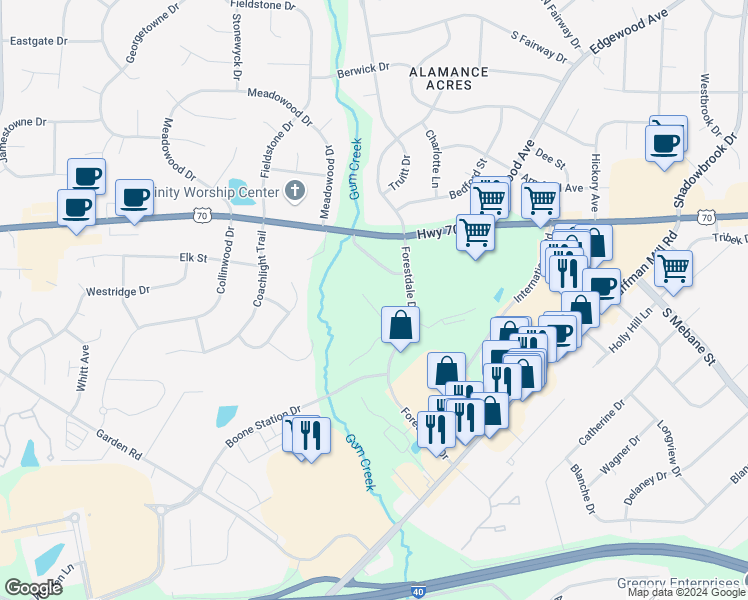 map of restaurants, bars, coffee shops, grocery stores, and more near 3111 Commerce Place in Burlington