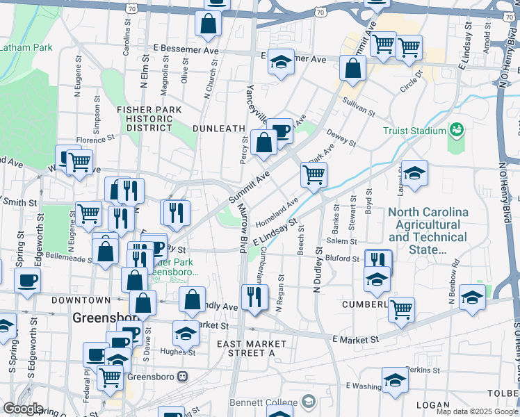 map of restaurants, bars, coffee shops, grocery stores, and more near 504 Park Avenue in Greensboro