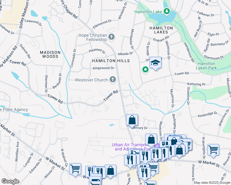 map of restaurants, bars, coffee shops, grocery stores, and more near in Greensboro