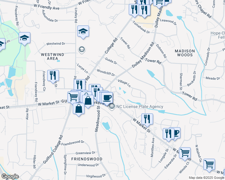 map of restaurants, bars, coffee shops, grocery stores, and more near 5644 West Market Street in Greensboro