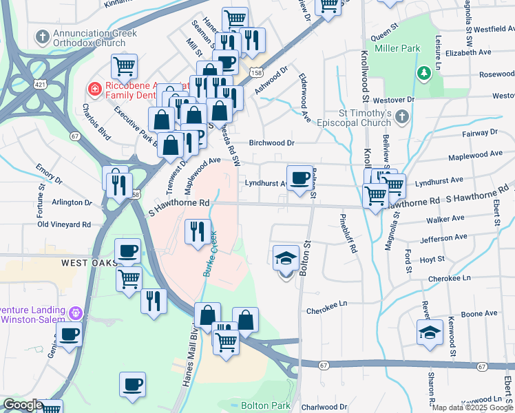 map of restaurants, bars, coffee shops, grocery stores, and more near 1803 South Hawthorne Road in Winston-Salem