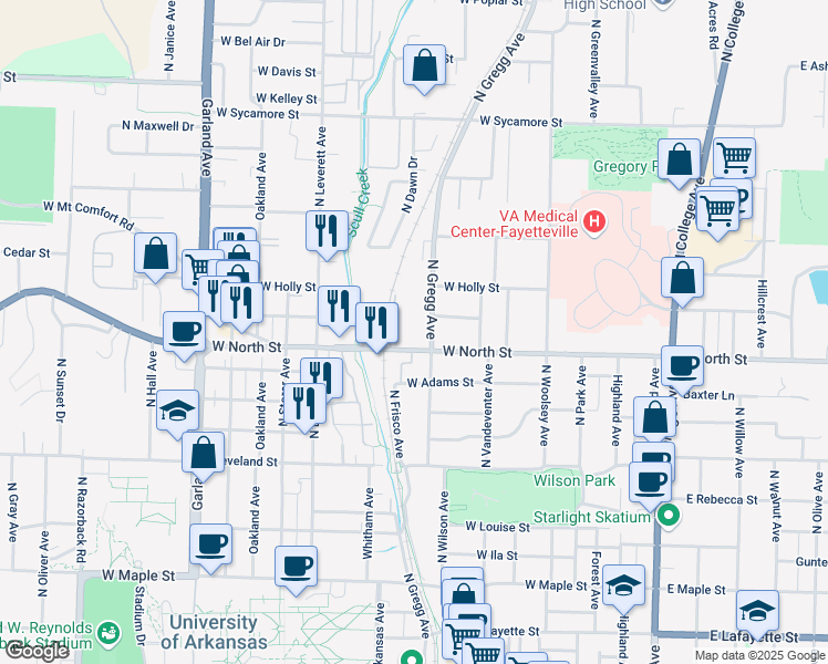 map of restaurants, bars, coffee shops, grocery stores, and more near 600 West North Street in Fayetteville