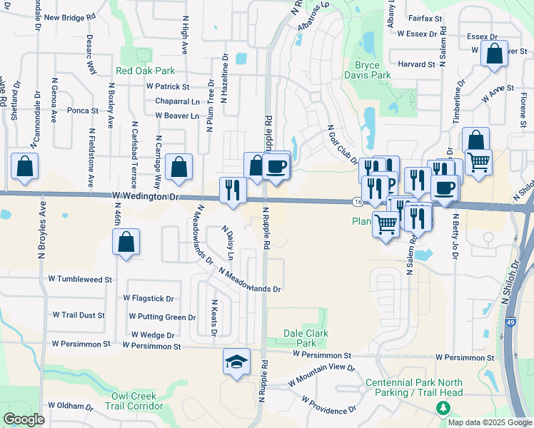 map of restaurants, bars, coffee shops, grocery stores, and more near 835 N Rupple Rd in Fayetteville
